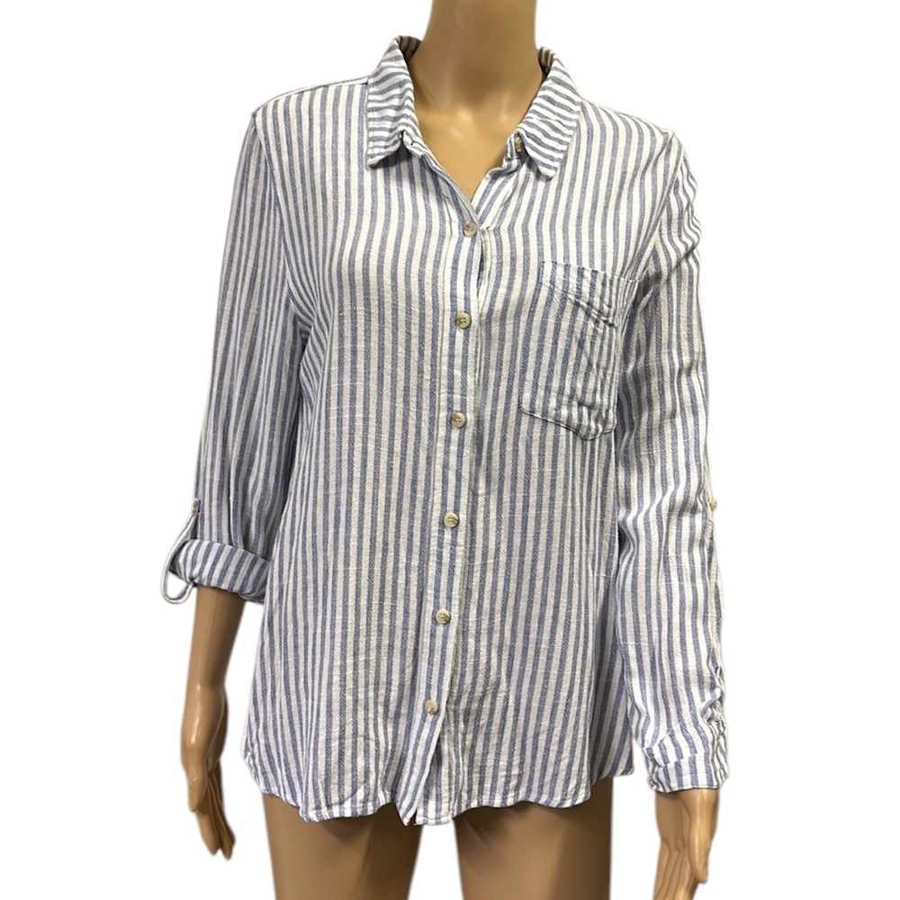 Be Cool Classic Button Down Long Sleeve Pocket Shirt Blue White Striped Medium
